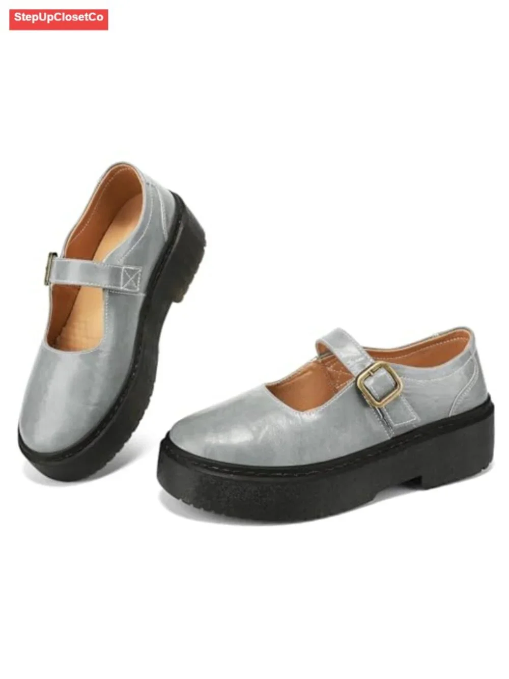 Mary Jane Platform Flats - Faux Leather Round Toe Buckle Dress Shoes